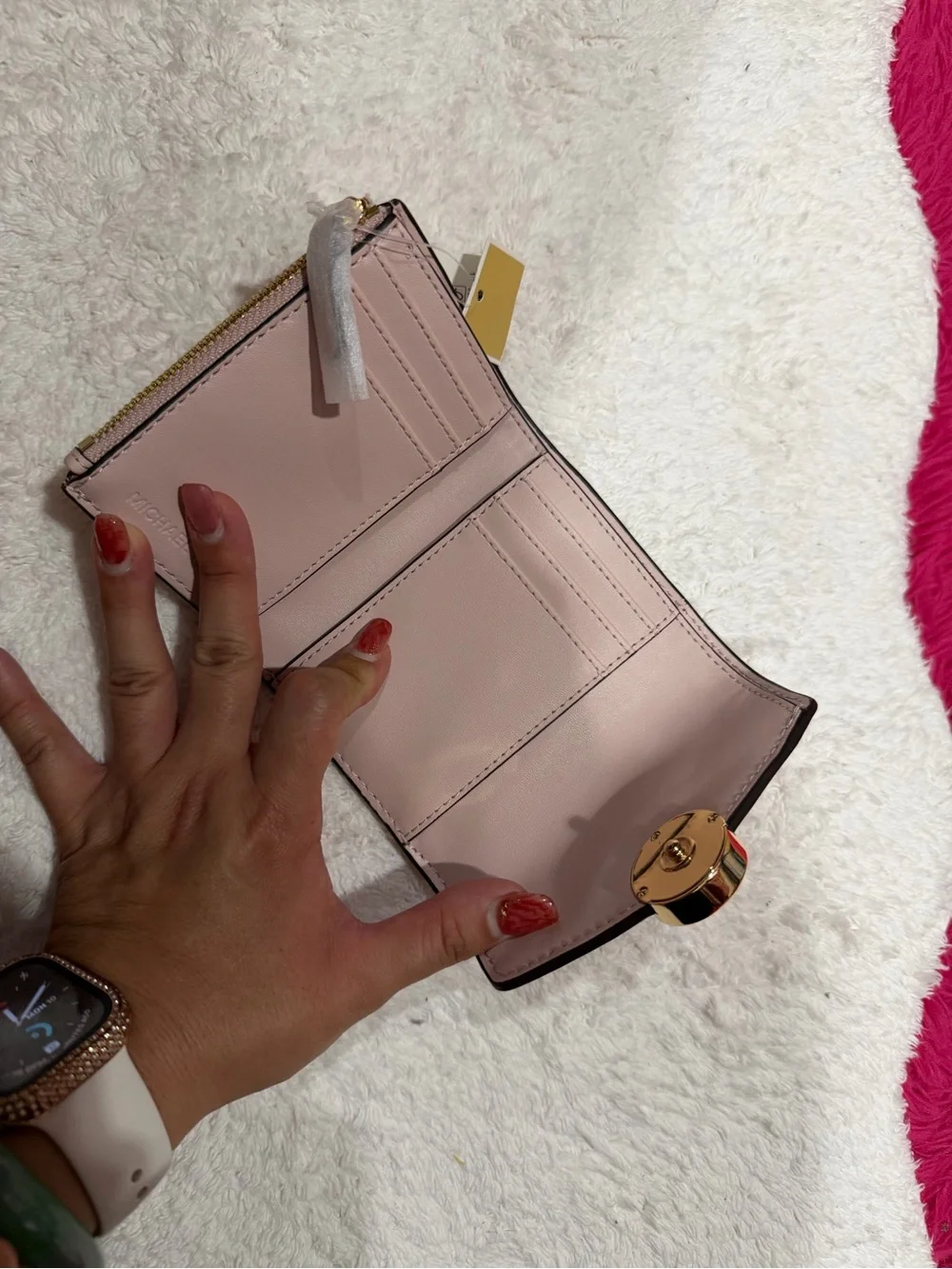 Michael Kors Blush Pink Compact Wallet with Gold MK Emblem